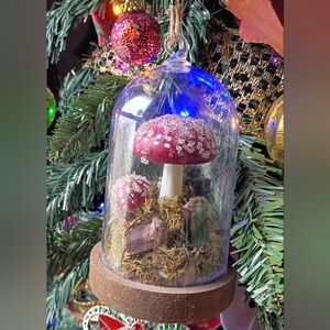 5 5"  Cloche Ornament with faux mushroom, moss and bark, wood base